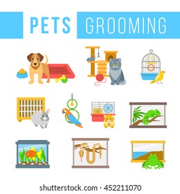 Pets grooming flat colorful vector illustrations. Dog with a bowl and toys. Cat with a ball and cat tree. Canary, rabbit, hamster, chameleon, snake in cages. Fish in aquarium.