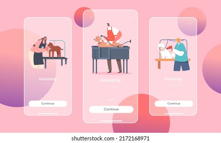 Plantilla de pantalla en pantalla de la página de aplicaciones móviles de crecimiento para mascotas. Personajes de peluquería Cuidan a los perros de cortar lana, lavar y secar en el salón. Concepto de servicio a los agricultores. Ilustración de vectores de personas de caricatura