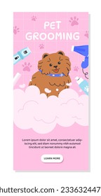 Pets grooming poster concept. Brown dog with sprays and hairdryer. Aesthetics and elegance. Template, layout and mock up. Cartoon flat vector illustration isolated on white background