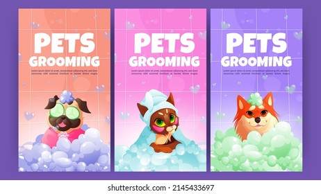 Pets grooming posters with cute dogs and cat in bath with soap foam. Vector banner of domestic animal spa with cartoon illustration of happy puppies and kitten relax in bathroom