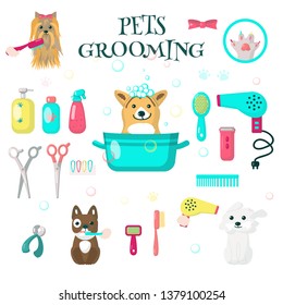 Pets grooming set, vector flat illustration isolated on white background. Cute dogs taking bath, getting hairstyle. Dog baths, haircuts, nail trimming tools and accessories for card, web banner etc.