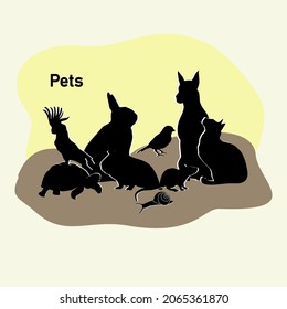 Pets group - Dog, cat, rabbit, rat, guinea pig, parrot, turtle, snail and canary. Vector set of images of silhouettes of pets for your design.