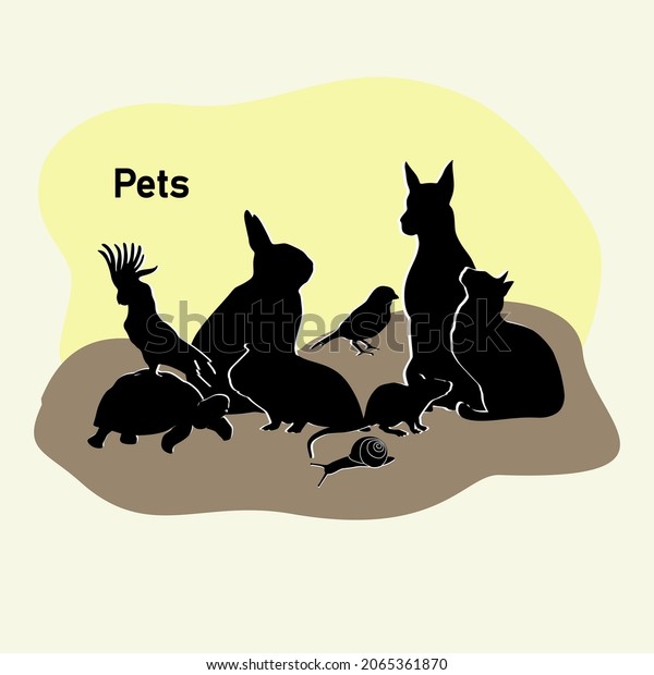 Pets group - Dog, cat, rabbit, rat, guinea pig,\
parrot, turtle, snail and canary. Vector set of images of\
silhouettes of pets for your\
design.