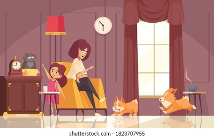 Pets growth stages composition with indoor view of home interior with mother daughter and their dogs vector illustration