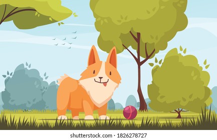 Pets growth stages with outdoor park landscape trees and ball on grass with character of puppy vector illustration