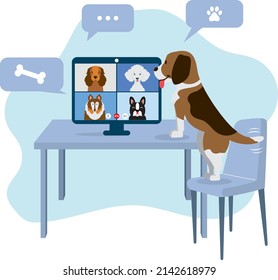 Pets having a videoconference. Dogs having a Meeting by videoconference. Dog friends. Video call with dogs. Vector illustration.   svg