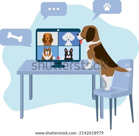 Pets having a videoconference. Dogs having a Meeting by videoconference. Dog friends. Video call with dogs. Vector illustration.  