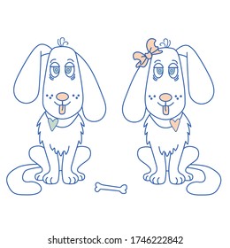 Pets - He and She. A cute pair of white dogs with a tongue hanging out and a heart on the neck and a bow on the ear. The bone lies between them. Vector. Contour illustration