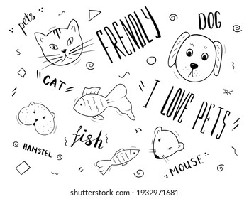 Pets head set. Rodents cat dog and fish Lettering. Black and white. Doodle isolated outline objects on white.