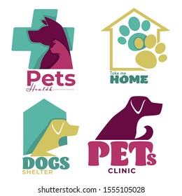 Pets health, take me home animal shelter and veterinary clinic logo. Rescue dog, cat silhouette above medical cross. Paws inside house icon. Set of four graphic vector illustrations, white background.