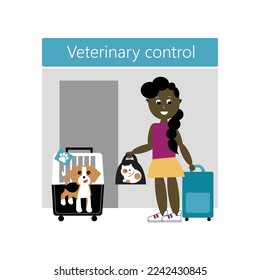 Pets with his owner are waiting the veterinary control at the airport. Bicolore cat in black bag. Tricolour beagle in baggage carrier.