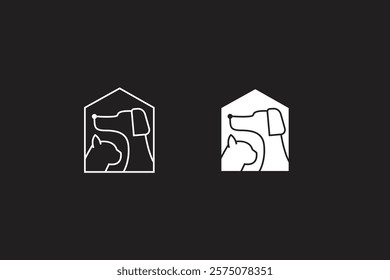 PETS HOME Abstract house silhouette with integrated dog and cat silhouettes. Modern, playful logo for pet-related businesses. Versatile design for branding and marketing.