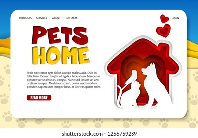 Pets home landing page website template. Vector paper cut red doghouse with heart, dog, cat and parrot silhouettes. Animal shelter, vet clinic. Love pets.