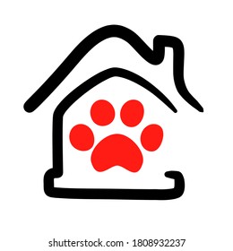 Pets home logo Isolated vector. Animal paw in outline house illustration. Zoo hotel graphic emblem. Dog sitter abstract sign. Pet icon for veterinary, shop, store or grooming service.