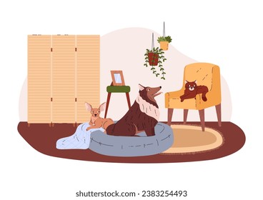 Pets at home in room, vector illustration isolated on white background. Cute animals in home interiors with armchair, wardrobe, furniture and plants. Cat and dogs. Drawn in a simple flat cartoon style