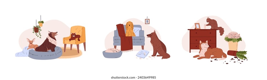 Pets at home, set of vector illustration isolated on white background. Collection cute animals in home interiors, furniture and clutter. Various cats and dogs. Drawn in a simple flat cartoon style.