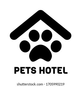 Pets hotel black logo with text isolated on white background. Glyph symbol animal house vector icon. Outline Paw sign under roof Graphic element. Web Simple shape.