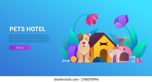 Pets hotel cartoon horizontal flyer design. Welcoming place for dogs and cats banner. Comfortable accommodation, playtime, exercise and healthy meals concept. Pet boarding service vector illustration