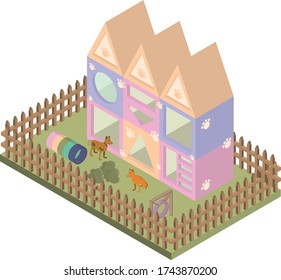 Pets hotel. Fun and relaxation for pets. Separate kennels for dogs and cats. Style is isometry. Vector isolated illustration.