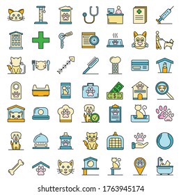 Pets hotel icons set. Outline set of pets hotel vector icons thin line color flat isolated on white