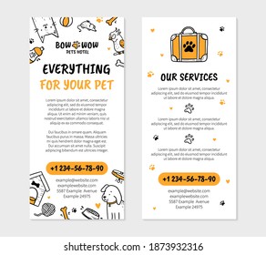 Pets hotel leaflet flyer for printing in Doodle style, double-sided vector template. Caring for animals, dogs, cats and parrots