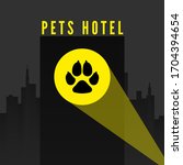 Pets hotel. Trail of dogs paw in spotlight on city background. Logo for pet hotel or veterinarian clinic. vector