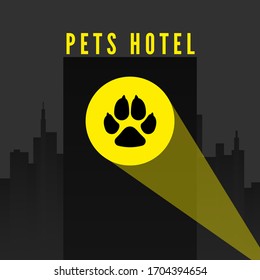 Pets hotel. Trail of dogs paw in spotlight on city background. Logo for pet hotel or veterinarian clinic. vector
