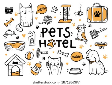 Pets hotel, vector set in the Doodle style. Caring for animals, dogs, cats and parrots