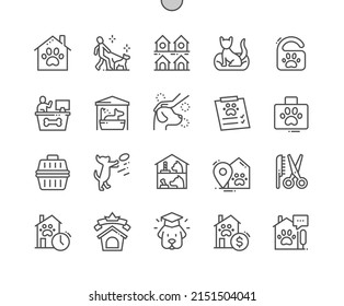 Pets hotel. Veterinary care. Grooming. Pets room. Dog training. Pixel Perfect Vector Thin Line Icons. Simple Minimal Pictogram