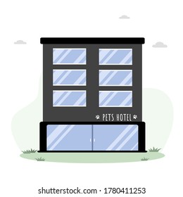 Pets hotel. Veterinary hospital services and domestic animals hotels. Dogs grooming and health check center. Vet clinic, robotic pet sitters metaphors. Vector illustrations in flat style.