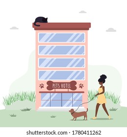 Pets hotel. Veterinary hospital services and domestic animals hotels. Dogs grooming and health check center. Vet clinic, robotic pet sitters metaphors. Vector illustrations in flat style.