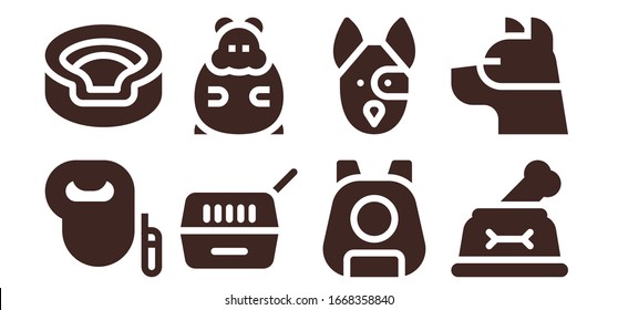 pets icon set. 8 filled pets icons. Included Leash dog, Animal, Pet, Hamster, Dog icons