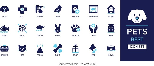 Pets icon set collection. Dog, vet, preen, bird, foods, vivarium, home, fish, ball, turtle, hare, care, rate, cat, bone and best solid icon set.