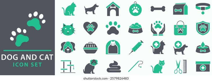 Pets icon set. Containing dog, cat, symbol. Animal care and vet clinic elements collection. Vector illustration.