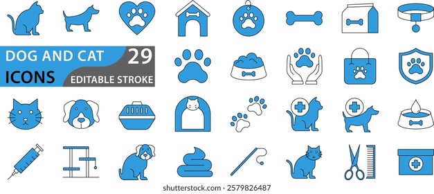 Pets icon set. Containing dog, cat, symbol. Animal care and vet clinic elements collection. Vector illustration.