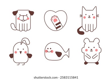 pets icon set cute animals doodle linear vector image
