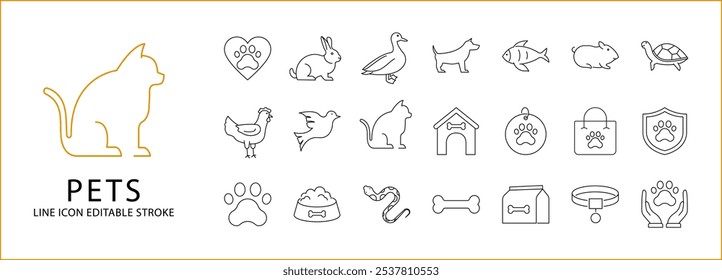 Pets Icon Set In Line Style. Containing bowl, cats, hamster, adopt, rabbit, hobby, snake, reptile, lizard, chicken, etc. Vector Illustration.