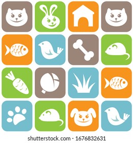 Pets icon set mosaic. Seamless pattern. Vector illustration. Flat design elements for fabric, banner, wallpaper, gift wrap.