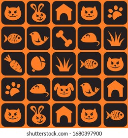 Pets icon set mosaic. Seamless pattern. Vector illustration. Flat design elements for fabric, banner, wallpaper, gift wrap.