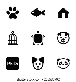 pets icons 9 icons set, isolated, black on white background