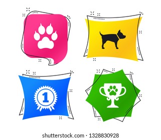Pets icons. Cat paw with clutches sign. Winner cup and medal symbol. Dog silhouette. Geometric colorful tags. Banners with flat icons. Trendy design. Vector