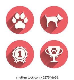 Pets icons. Cat paw with clutches sign. Winner cup and medal symbol. Dog silhouette. Pink circles flat buttons with shadow. Vector