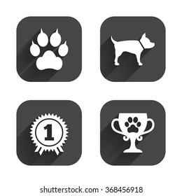 Pets icons. Cat paw with clutches sign. Winner cup and medal symbol. Dog silhouette. Square flat buttons with long shadow.