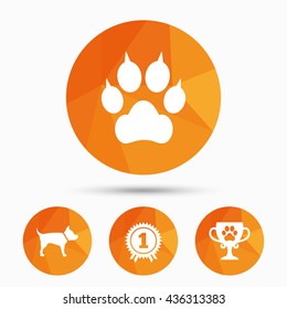 Pets icons. Cat paw with clutches sign. Winner cup and medal symbol. Dog silhouette. Triangular low poly buttons with shadow. Vector