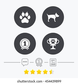 Pets icons. Cat paw with clutches sign. Winner cup and medal symbol. Dog silhouette. Chat, award medal and report linear icons. Star vote ranking. Vector