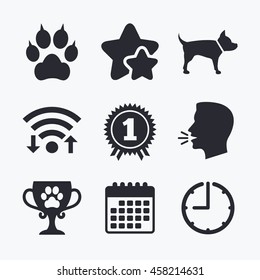 Pets icons. Cat paw with clutches sign. Winner cup and medal symbol. Dog silhouette. Wifi internet, favorite stars, calendar and clock. Talking head. Vector