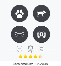 Pets icons. Cat paw with clutches sign. Winner laurel wreath and medal symbol. Pets food. Chat, award medal and report linear icons. Star vote ranking. Vector