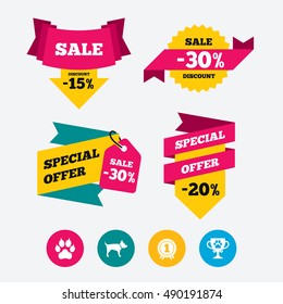 Pets icons. Cat paw with clutches sign. Winner cup and medal symbol. Dog silhouette. Web stickers, banners and labels. Sale discount tags. Special offer signs. Vector