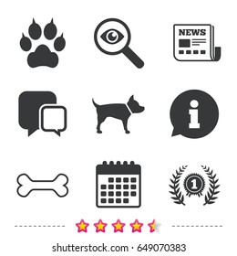 Pets icons. Cat paw with clutches sign. Winner laurel wreath and medal symbol. Pets food. Newspaper, information and calendar icons. Investigate magnifier, chat symbol. Vector