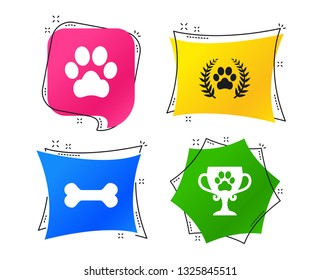 Pets icons. Dog paw sign. Winner laurel wreath and cup symbol. Pets food. Geometric colorful tags. Banners with flat icons. Trendy design. Vector